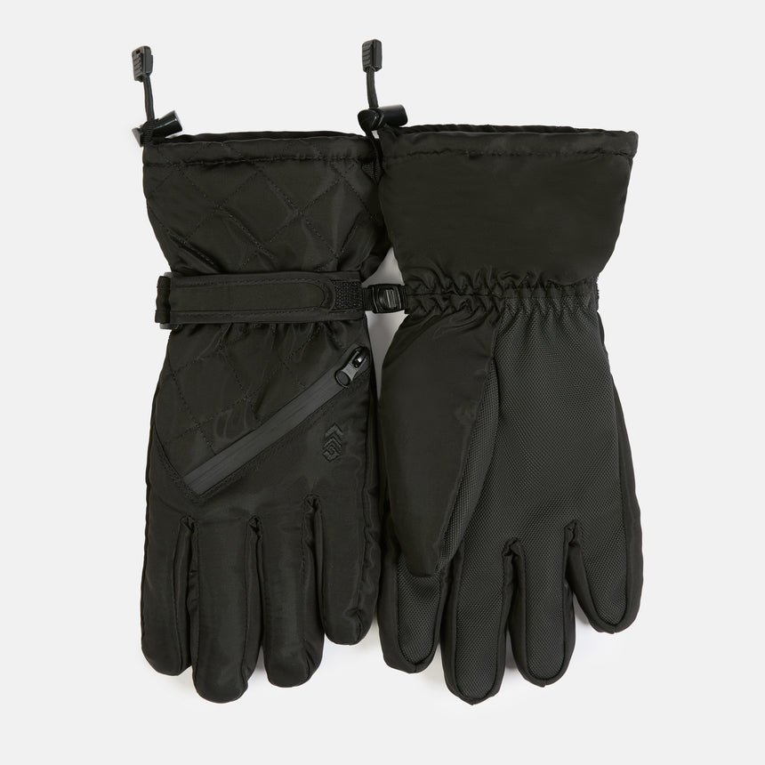 Aquarius Women’s Quilted Ski Gloves in black, featuring quilted fabric, adjustable wrist straps, zippered pockets on the back of the hands, and texting fingers.