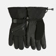 A pair of black Aquarius Men’s Ski Gloves with Zipper Pocket, featuring Thinsulate insulation, a zippered pocket on the back of the hand, adjustable wrist straps, and textured palms.