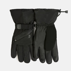 A pair of black Aquarius Men’s Ski Gloves with Zipper Pocket, featuring Thinsulate insulation, a zippered pocket on the back of the hand, adjustable wrist straps, and textured palms.