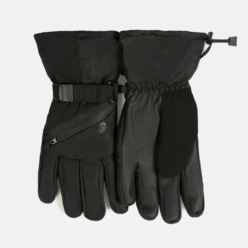 A pair of black Aquarius Men’s Ski Gloves with Zipper Pocket, featuring Thinsulate insulation, a zippered pocket on the back of the hand, adjustable wrist straps, and textured palms.