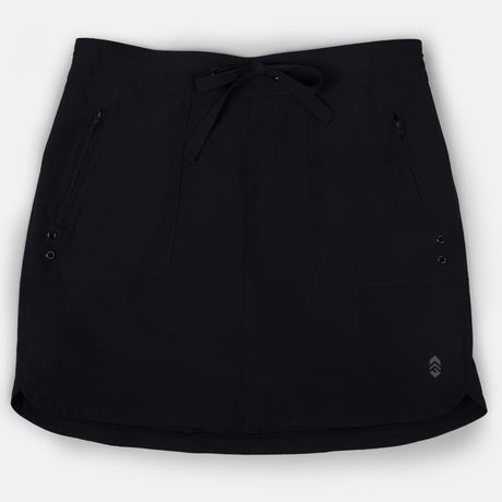 The Women's Plus Size Beach and Beyond Skort by Free Country is a black skort with four-way stretch, a drawstring waist, two zippered side pockets, two small front grommets, and a subtle logo at the lower right hem.