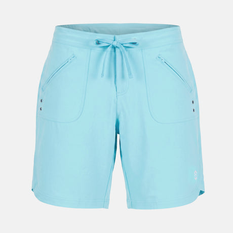 Free Country Women’s 7″ Bermuda Board Shorts in light blue with a drawstring waist, zippered front pockets, side vents, and UPF 50+ protection.