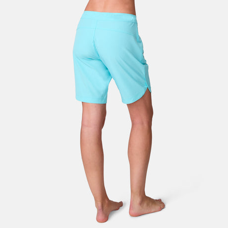 Back view of light blue, quick-dry Free Country Women’s 7″ Bermuda Board Short.