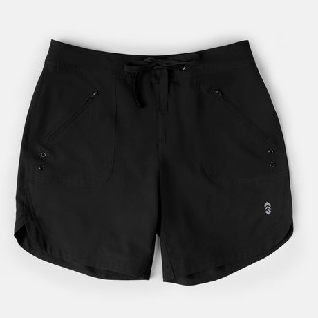 The Free Country Women's 7" Bermuda Board Short has front zipper pockets, a drawstring waistband, a small silver logo, curved hemlines, four metal eyelets near the pockets, and quick-dry comfort—perfect for active days.