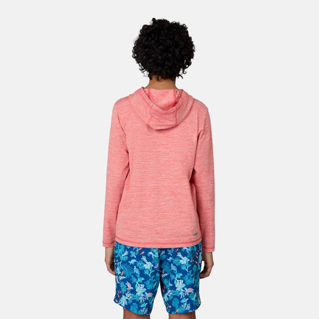 A child with short curly hair, wearing Free Country's The Kids' Everybody SunFree UPF Hoodie in pink and blue floral shorts, stands with their back to the camera against a plain white background—ideal for sun protection.