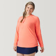 [Angela is 5'10" and wearing a size 1X.] Women's Plus Size SunFree Quarter Zip UPF Sunshirt - 1X - Papaya #color_papaya