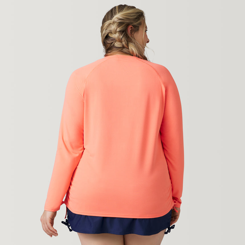 [Angela is 5'10" and wearing a size 1X.] Women's Plus Size SunFree Quarter Zip UPF Sunshirt - 1X - Papaya #color_papaya