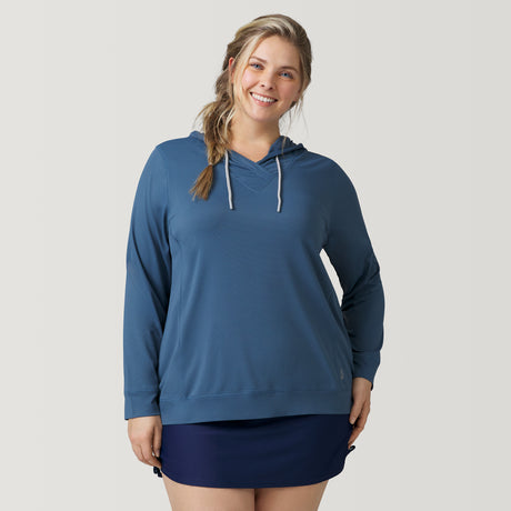 [Angela is 5'10" and wearing a size 1X.] Women's Plus Size SunFree UPF Hoodie - 1X - Sage Steel #color_sage-steel