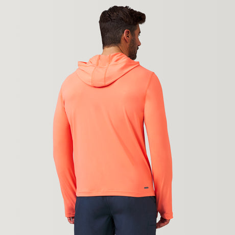 [Justin is 6'1" wearing a size Medium.] Man wearing Free Country The Everybody SunFree UPF Hoodie in Papaya, size M, made from moisture wicking stretch UPF performance fabric featuring  an attached hood 