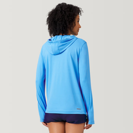 [Victoria is 5'10" wearing a size Small.] Woman wearing Free Country The Everybody SunFree UPF Hoodie in Sky, size S, made from moisture wicking stretch UPF performance fabric featuring an attached hood 