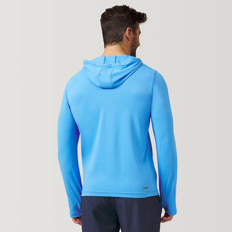 [Justin is 6'1" wearing a size Medium.] Man wearing Free Country The Everybody SunFree UPF Hoodie in Sky, size M, made from moisture wicking stretch UPF performance fabric featuring an attached hood 