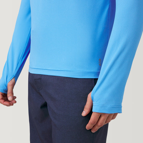 [Justin is 6'1" wearing a size Medium.] Man wearing Free Country The Everybody SunFree UPF Hoodie in Sky, size M, made from moisture wicking stretch UPF performance fabric featuring an attached hood 