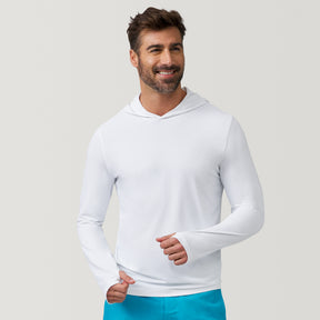 [Justin is 6'1" wearing a size Medium.] 
Man wearing Free Country The Everybody SunFree UPF Hoodie in White, size M, made from moisture wicking stretch UPF performance fabric featuring  an attached hood 