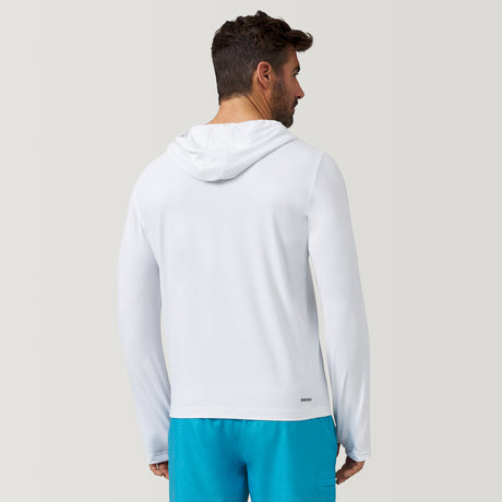 [Justin is 6'1" wearing a size Medium.] 
man wearing Free Country The Everybody SunFree UPF Hoodie in White, size M, made from moisture wicking stretch UPF performance fabric featuring  an attached hood 