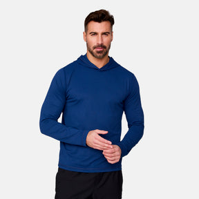 [Justin is 6'1" wearing a size Medium.] Man wearing Free Country The Everybody SunFree UPF Hoodie in Navy, size M, made from moisture wicking stretch UPF performance fabric featuring  an attached hood #color_navy