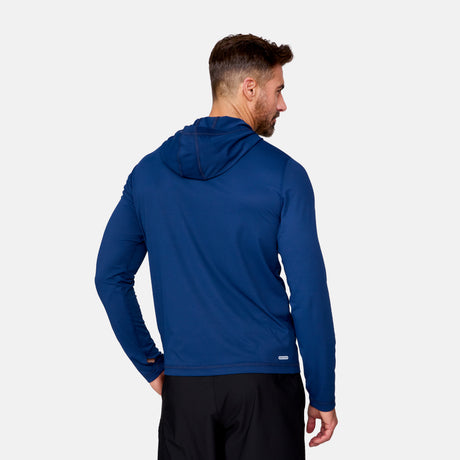 [Justin is 6'1" wearing a size Medium.] Man wearing Free Country The Everybody SunFree UPF Hoodie in Navy, size M, made from moisture wicking stretch UPF performance fabric featuring  an attached hood #color_navy
