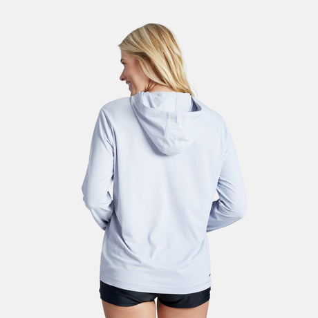[London is 5'9.5" wearing a size Small.] Woman wearing Free Country The Everybody SunFree UPF Hoodie in Silver, size M, made from moisture wicking stretch UPF performance fabric featuring  an attached hood #color_silver