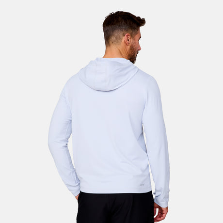 [Justin is 6'1" wearing a size Medium.] Man wearing Free Country The Everybody SunFree UPF Hoodie in Silver, size M, made from moisture wicking stretch UPF performance fabric featuring  an attached hood #color_silver