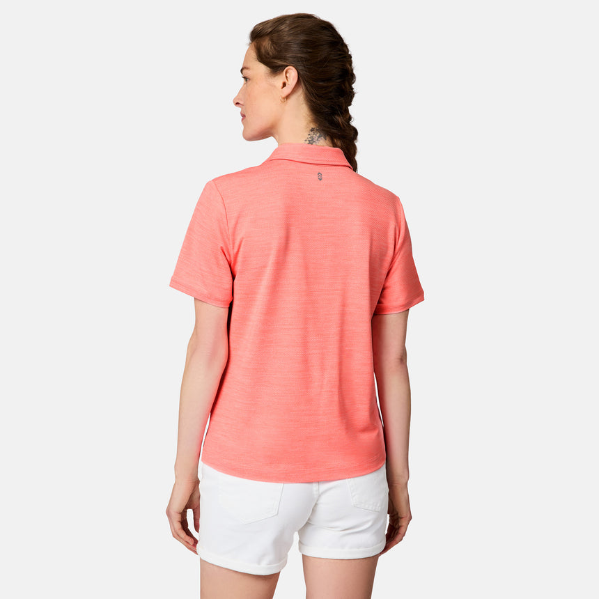 [Kaitlyn is 5'9" wearing size S] Woman wearing a coral polo shirt and white shorts on a light gray background