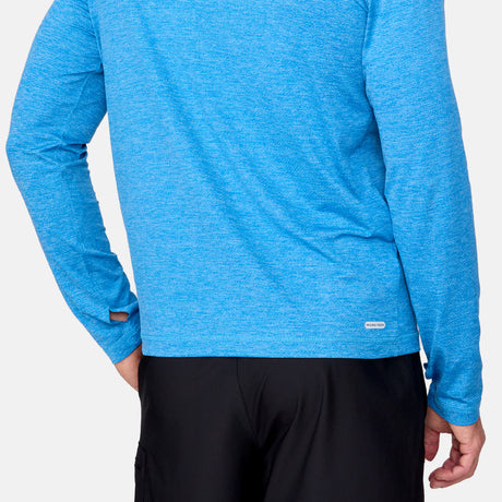 [Justin is 6'1" wearing a size Medium.] Man wearing Free Country Men's Textured SunFree UPF Hoodie in Royal, size M, made from moisture wicking stretch performance fabric featuring an attached hood and thumbholes, styled with black shorts #color_royal