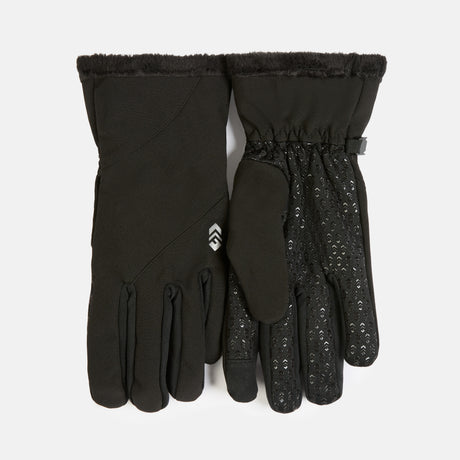 A pair of black Aquarius Women’s Butter Pile® Lined Softshell gloves with faux fur trim, showing the smooth back of one glove and a patterned grip palm on the other for improved texting tips.