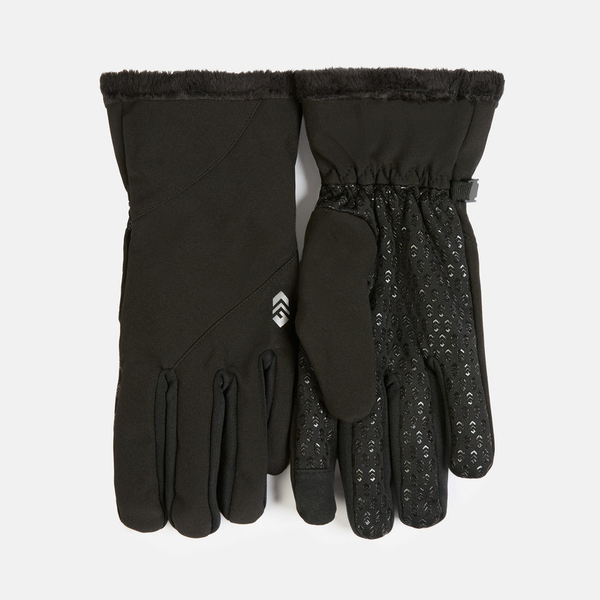 A pair of black Aquarius Women’s Butter Pile® Lined Softshell gloves with faux fur trim, showing the smooth back of one glove and a patterned grip palm on the other for improved texting tips.
