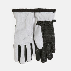 Aquarius Women’s Butter Pile® Lined Softshell Gloves in grey with a herringbone pattern, black fleece-lined cuffs, texting tips, and black textured palms.