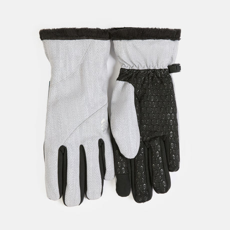 Aquarius Women’s Butter Pile® Lined Softshell Gloves in grey with a herringbone pattern, black fleece-lined cuffs, texting tips, and black textured palms.