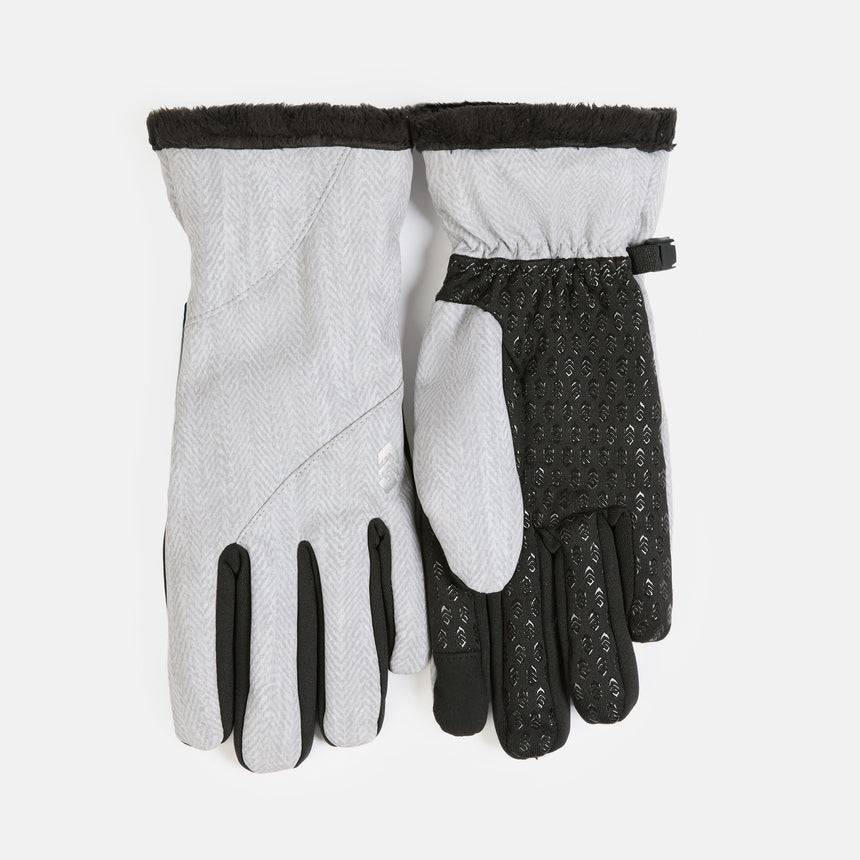 Aquarius Women’s Butter Pile® Lined Softshell Gloves in grey with a herringbone pattern, black fleece-lined cuffs, texting tips, and black textured palms.