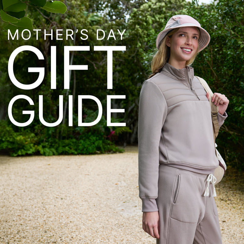 Woman in a gray tracksuit with 'Mother's Day Gift Guide' text overlay