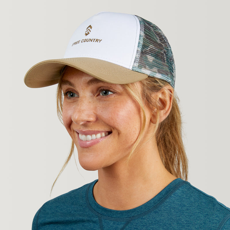 Free Country Five Panel Camo Trucker Hat - Khaki Camo/Cream 