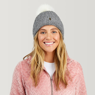 Women's Chenille Knit Cuffed Beanie with Pom - Heather Grey #color_heather-grey