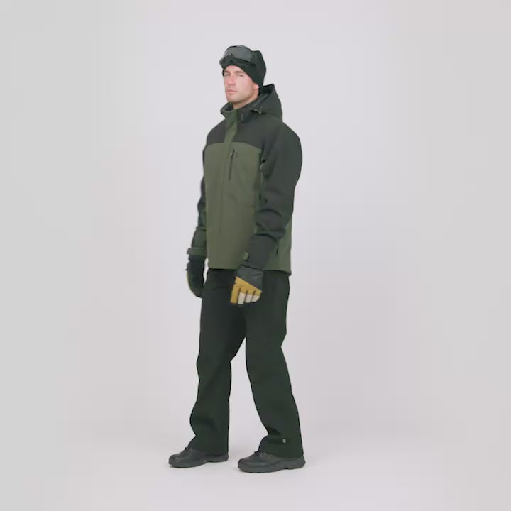 Model wearing the Men's Titus Midweight Thermo Softshell® Jacket in olive green and black, worn with snow gloves