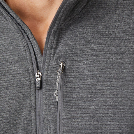 Close-up of a person wearing the Clearance Men's Altitude Quilt Long Sleeve 1/2 Zip Mock Neck Shirt in textured gray, showing two zippers—for the main opening and chest pocket—with only the lower neck and upper chest visible.