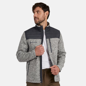 [Model is wearing size M.]  Man wearing Free Country Men's Frore Knit Fleece Jacket in off white with a full zip front, zipper chest pocket, smiling looking forward, light grey background. Perfect men’s jacket for fall weather.