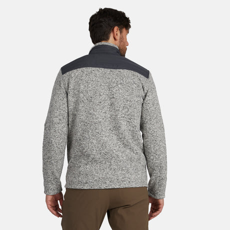 [Model is wearing size M.]  Man wearing Free Country Men's Frore Knit Fleece Jacket in off white with a full zip front, zipper chest pocket, light grey background. Perfect men’s jacket for fall weather.