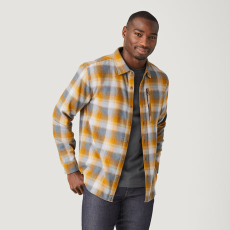 [Model is wearing a size Medium.] Men's Easywear Flannel Shirt - Canyon Brown Plaid - M #color_canyon-brown-plaid