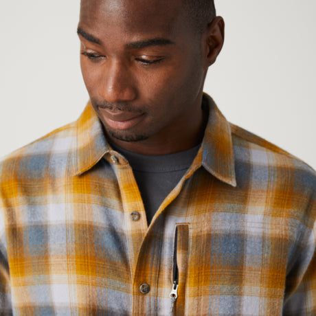 [Model is wearing a size Medium.] Men's Easywear Flannel Shirt - Canyon Brown Plaid - M #color_canyon-brown-plaid