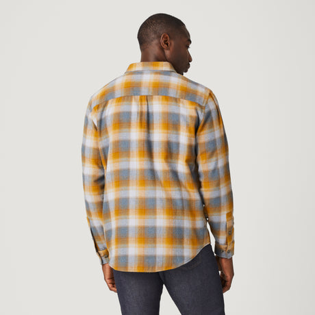 [Model is wearing a size Medium.] Men's Easywear Flannel Shirt - Canyon Brown Plaid - M #color_canyon-brown-plaid