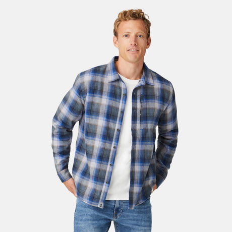 [Model is wearing a size Medium.] Men's Easywear Flannel Shirt - Cool Blue Plaid - M #color_cool-blue-plaid