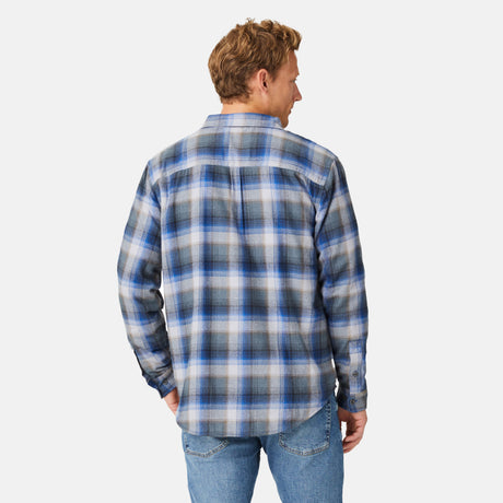 [Model is wearing a size Medium.] Men's Easywear Flannel Shirt - Cool Blue Plaid - M #color_cool-blue-plaid