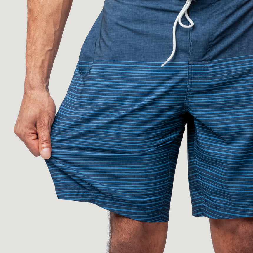 [Model is wearing a size Medium.] Men's Lake Side Stripe Surf Short - Midnight Navy #color_midnight-navy