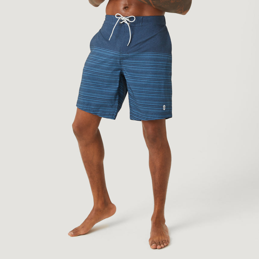 [Model is wearing a size Medium.] Men's Lake Side Stripe Surf Short - Midnight Navy #color_midnight-navy