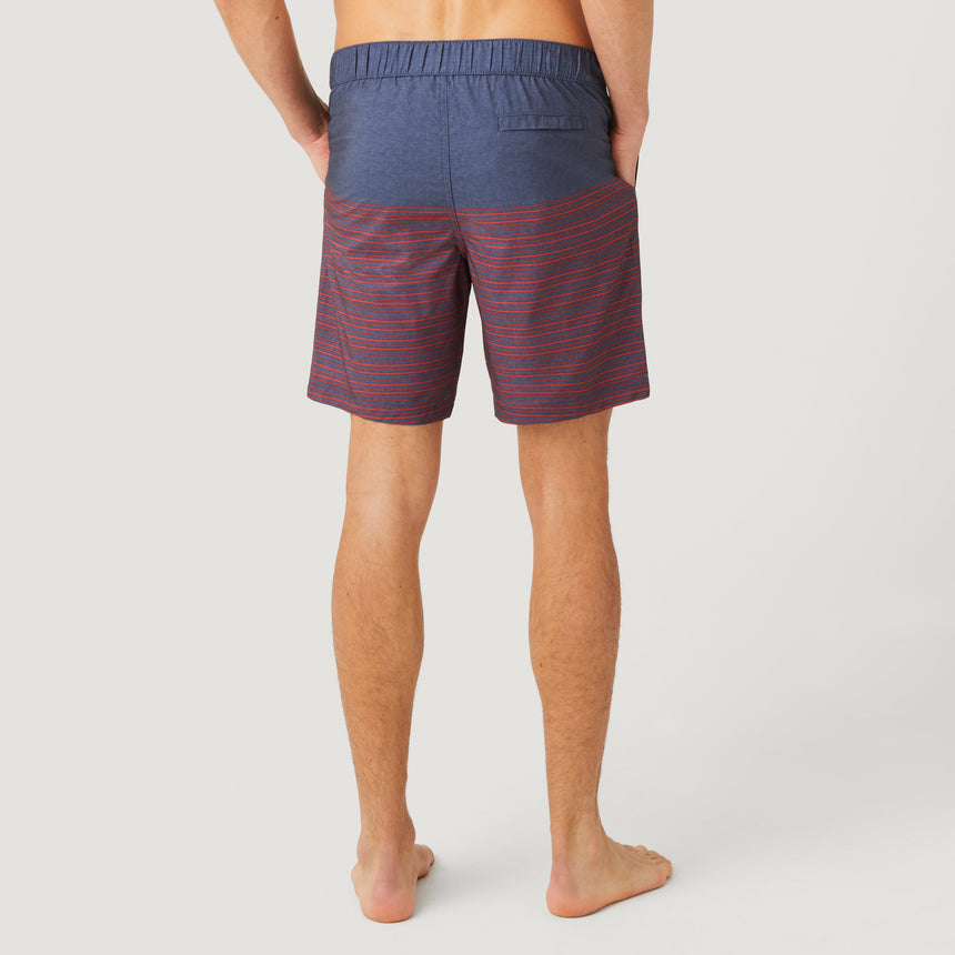 [Model is wearing a size Medium.] Men's Lake Side Stripe Surf Short - Redrock #color_redrock