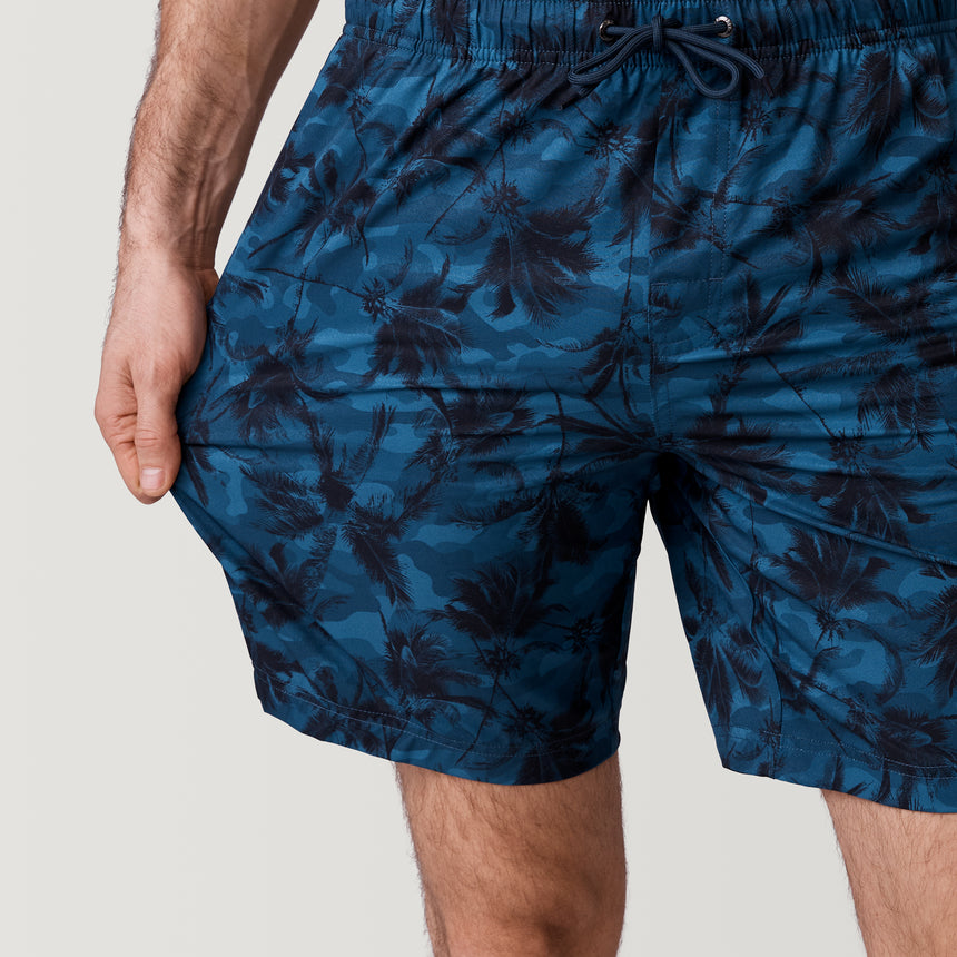 [Model is 6’2” wearing a size Medium.] Men's Tropical Camo Swim Short - Dark Navy #color_dark-navy