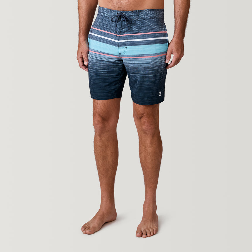 [Model is 6’2” wearing a size Medium.] Men's Diamond Plate Stripe Surf Swim Short - Coral Sand - M #color_coral-sand