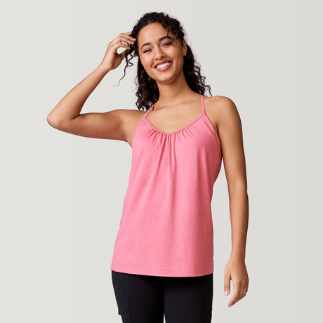 [Meli is 5’9.5” wearing a size Small.] Free Country Women's Free2B B Cool V-Neck Built-In Bra Cami Top - S - Guava #color_guava