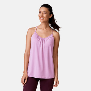 [Natalia is 5’9” wearing a size Small.] Free Country Womens Free2B B Cool V-Neck Built-In Bra Cami Top - S - Lilac #color_lilac