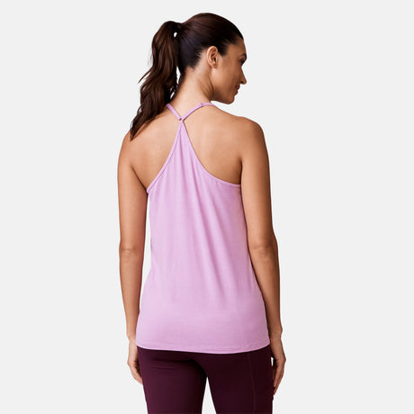 [Natalia is 5’9” wearing a size Small.] Free Country Womens Free2B B Cool V-Neck Built-In Bra Cami Top - S - Lilac #color_lilac