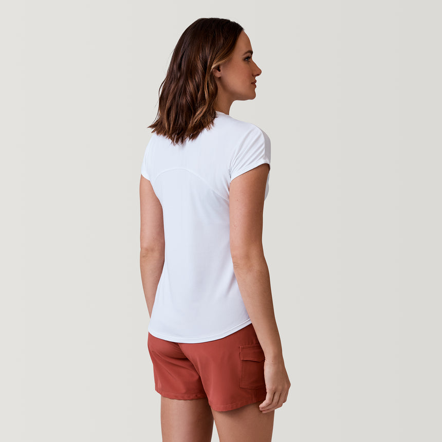 [Emily is 5’9” wearing a size Small.] Free Country Women's Microtech Chill B Cool Tee - White - S#color_white